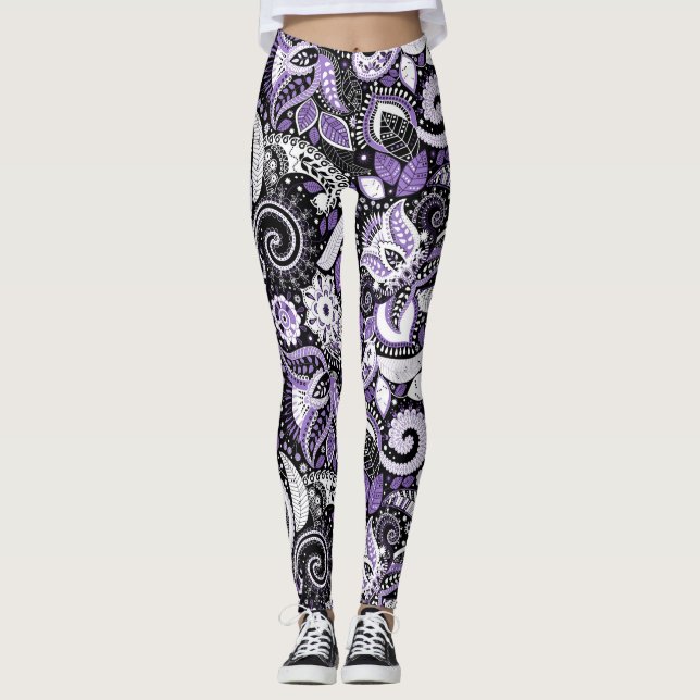 Leggings Patrón de estampado paisley blanco morado negro (Anverso)