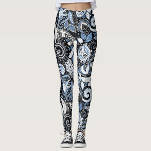 Leggings Patrón de estampado paisley blanco y azul