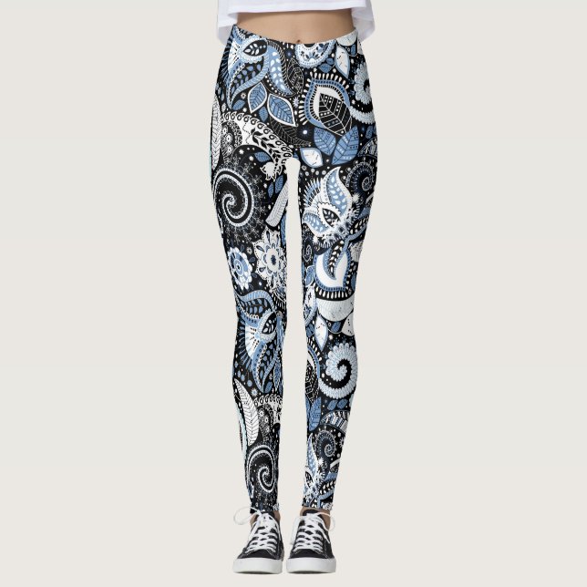Leggings Patrón de estampado paisley blanco y azul (Anverso)