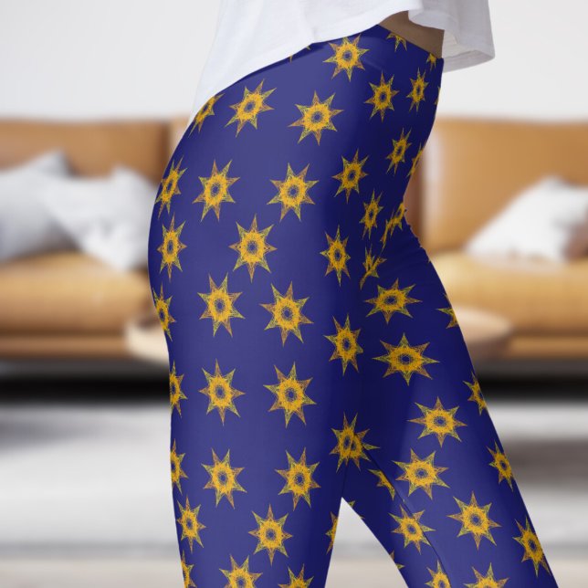 Leggings Patrón de estrella azul y dorado brillante (Star on Midnight Blue)