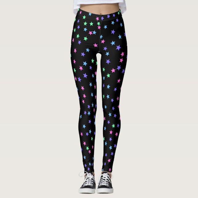 Leggings Patrón de estrellas moradas azul verde rosa (Anverso)