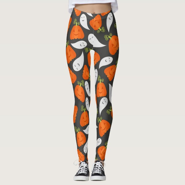 Leggings Patrón De Fantasma Y Calabaza (Anverso)