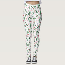 Leggings Patrón de feriado Green Holly Red Berries