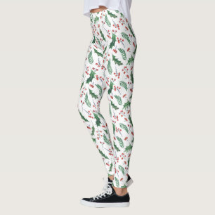 Leggings Patrón de feriado Green Holly Red Berries