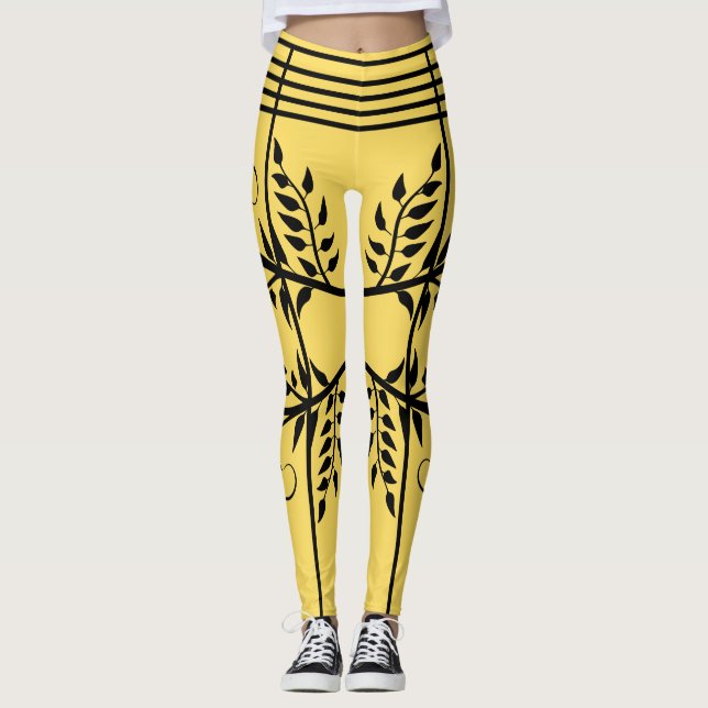 Leggings Patrón de Fern Negro Oro Futurista Atlético (Anverso)