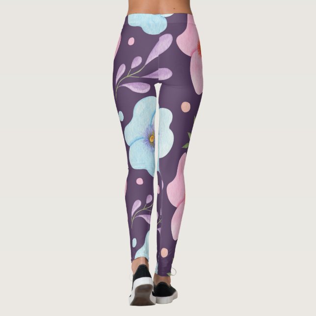 Leggings patrón de flor azul rosado mujeres chicas púrpura (Reverso)