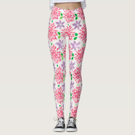 Leggings Patrón de flor color de agua rosa y púrpura