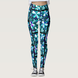 Leggings Patrón de flor crudo azul púrpura Verde azulado