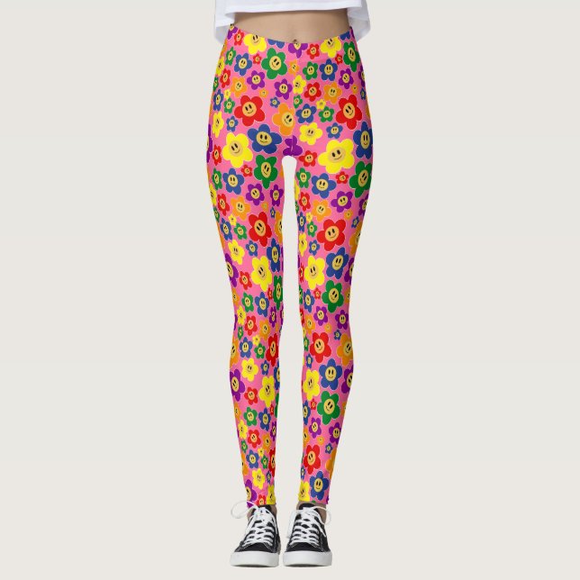 Leggings Patrón de Flor de Arcoíris LGBT Adorable－Rosa (Anverso)
