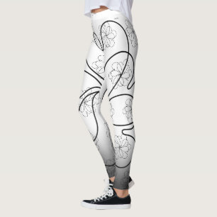 Leggings Patrón de flor de corazón de Moda blanca en negro
