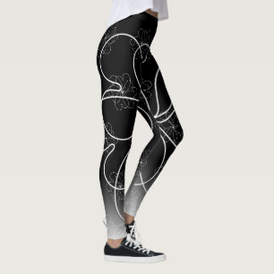 Leggings Patrón de flor de corazón de Moda negra en blanco