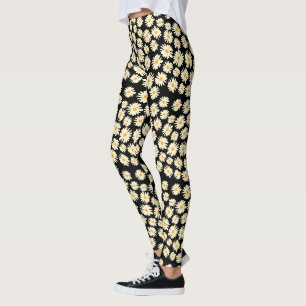 Leggings Patrón de flor de margarita blanca naranja y negra