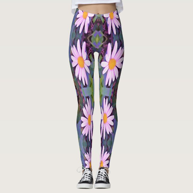 Leggings Patrón de flor de margarita rosada retro (Anverso)
