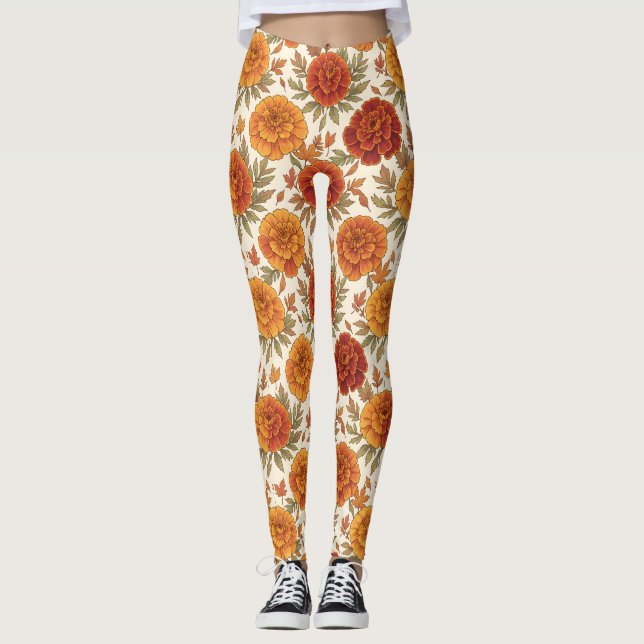 Leggings patrón de flor de marigold de otoño (Anverso)