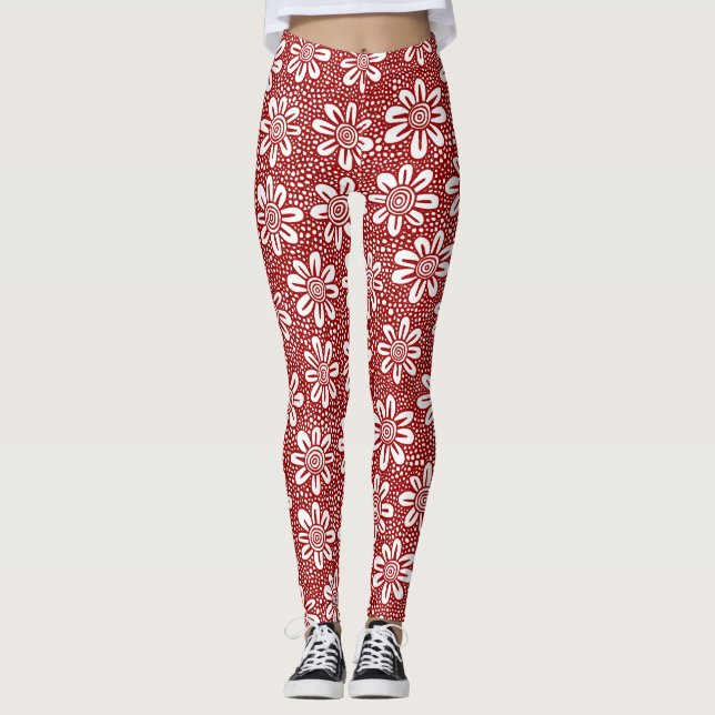Leggings Patrón de flor dibujado a mano 140617 - Rojo de ru (Anverso)