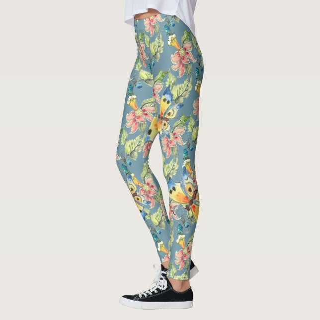 Leggings Patrón de flor exótica de mariposa azul tropical (Izquierda)