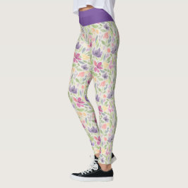 Leggings Patrón de flor floral rosa púrpura acuarela
