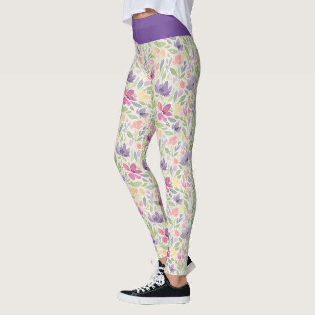 Leggings Patrón de flor floral rosa púrpura acuarela (Izquierda)