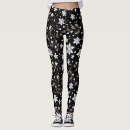 Leggings Patrón de flor gris y negro