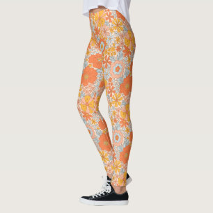 Leggings Patrón de flor retro naranja