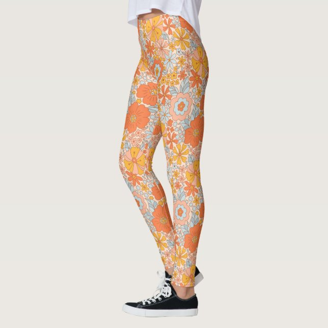 Leggings Patrón de flor retro naranja (Izquierda)