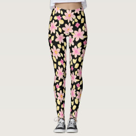Leggings Patrón de flor rosa y negra