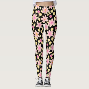 Leggings Patrón de flor rosa y negra