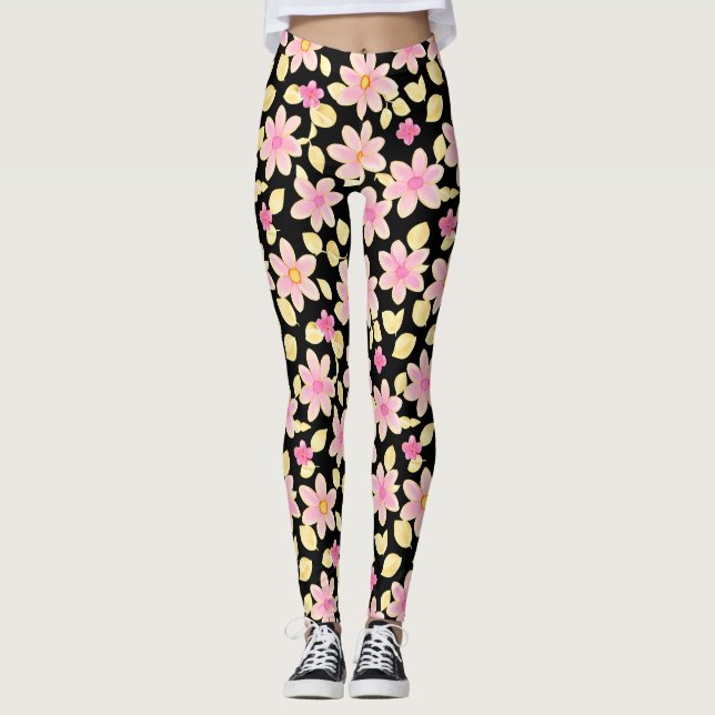 Leggings Patrón de flor rosa y negra (Anverso)
