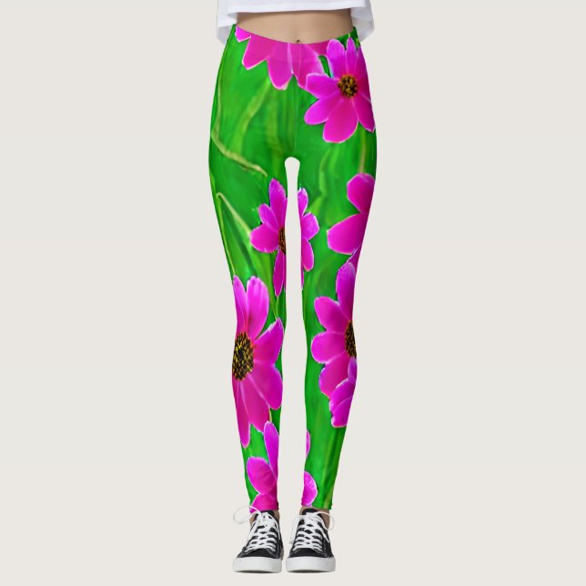 Leggings Patrón de flor verde y rosa brillante (Anverso)