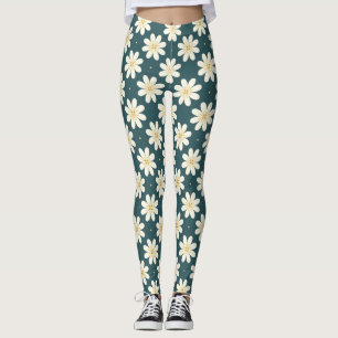 Leggings Patrón de flores blancas y amarillas