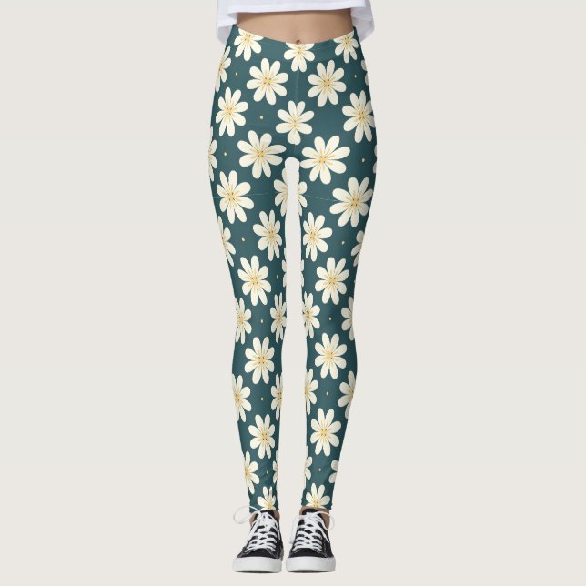 Leggings Patrón de flores blancas y amarillas (Anverso)
