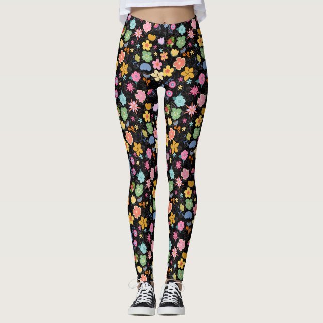 Leggings Patrón de flores boho B01.b Negro BG (Anverso)