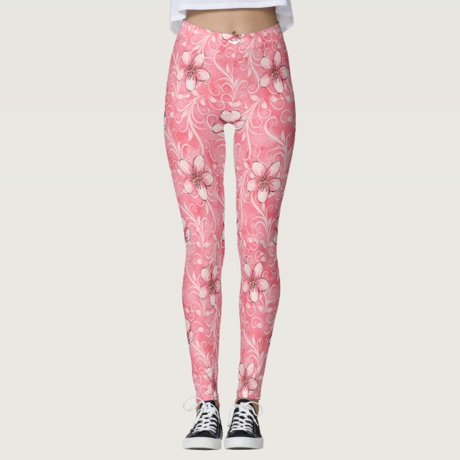 Leggings Patrón de flores de cerezo rosa (Anverso)