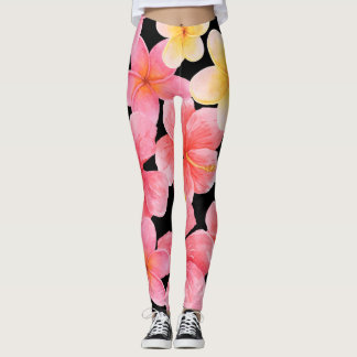 Leggings Patrón de flores de color acuático Plumeria Hibisc