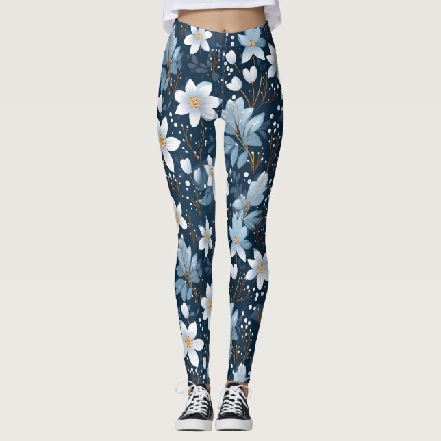 Leggings Patrón de flores de invierno blancas (Anverso)