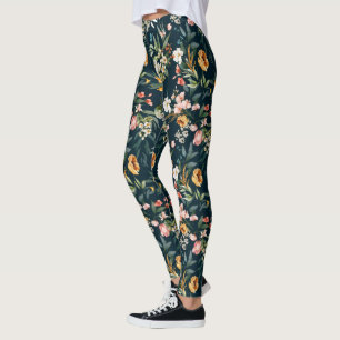 Leggings Patrón de flores de jardín de estilo azul oscuro