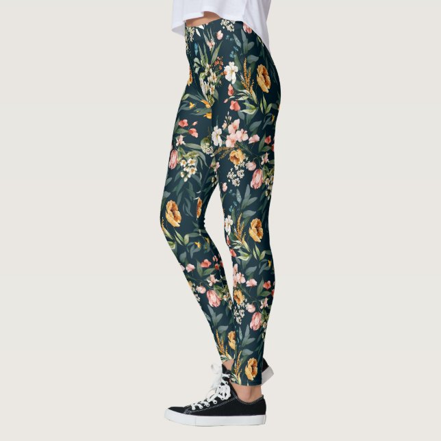 Leggings Patrón de flores de jardín de estilo azul oscuro (Izquierda)