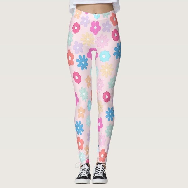 Leggings Patrón de flores de margarita rosada boho (Anverso)
