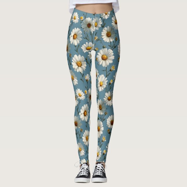 Leggings Patrón de flores de margarita sin mar en azul (Anverso)