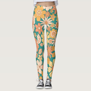 Leggings patrón de flores de primavera rosadas y naranjas