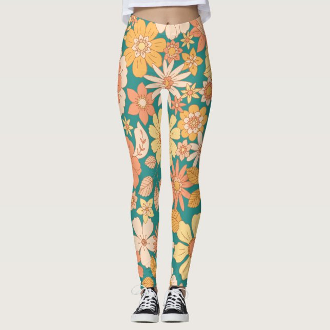 Leggings patrón de flores de primavera rosadas y naranjas (Anverso)
