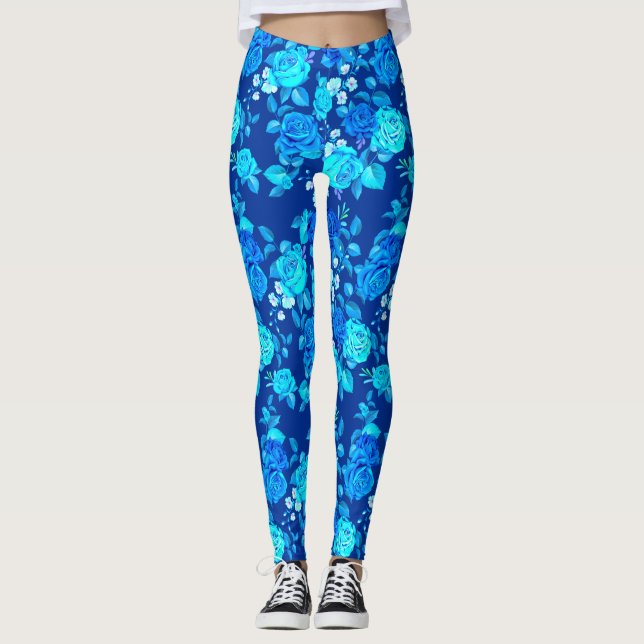 Leggings Patrón de flores de rosa azul clásica-87600 (Anverso)
