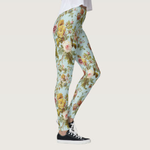 Leggings Patrón de flores de rosas rosadas de época