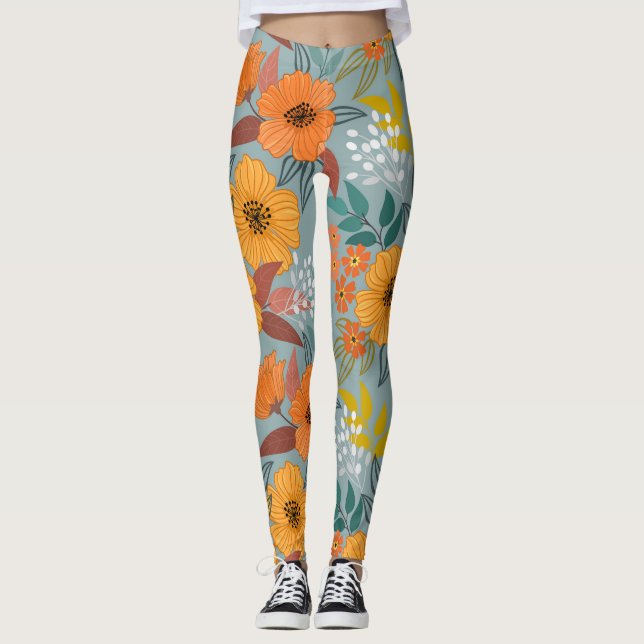 Leggings Patrón de flores dibujadas a mano coloridas (Anverso)