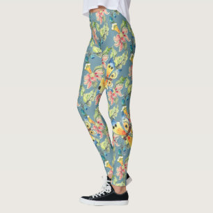 Leggings Patrón de flores exóticas de mariposa azul tropi