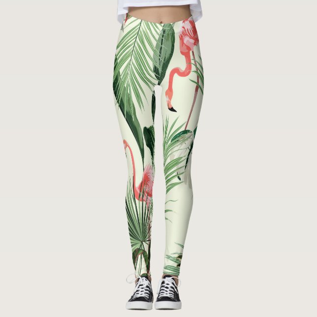 Leggings Patrón de flores exóticas Flamingo rosa (Anverso)