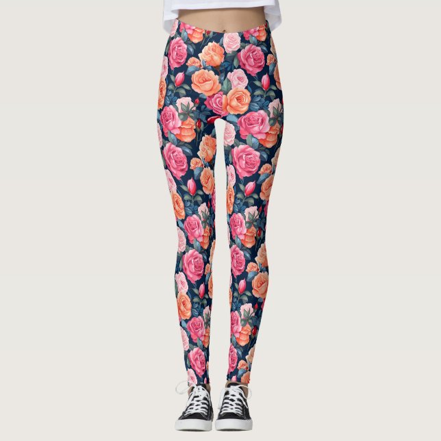 Leggings Patrón de flores florecientes de rosas (Anverso)