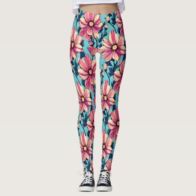 Leggings Patrón de flores grandes rosas y azules (Anverso)