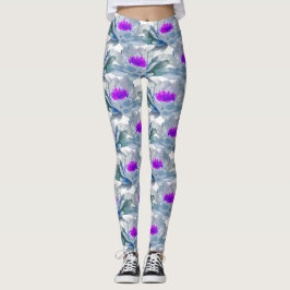 Leggings Patrón de flores grises y púrpuras