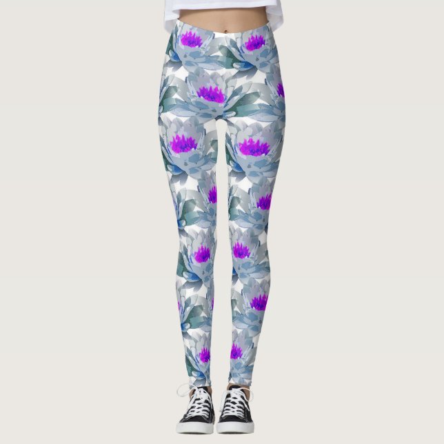 Leggings Patrón de flores grises y púrpuras (Anverso)
